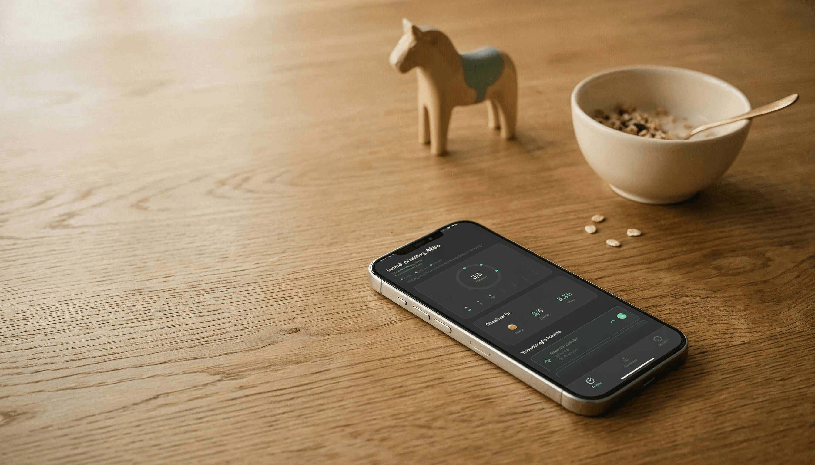 iPhone auf Eichentisch mit Müsli, Kaffeetasse und Kinderspielzeug